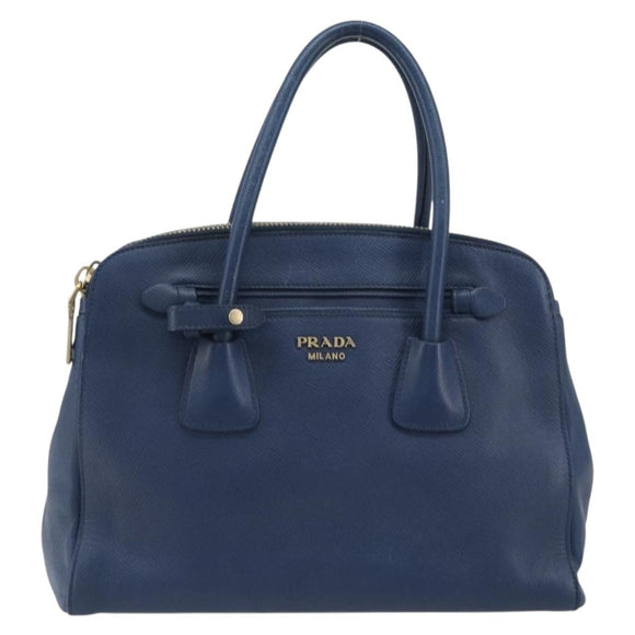 PRADA Hand Bag Leather Blue Gold Tone Auth ep15244