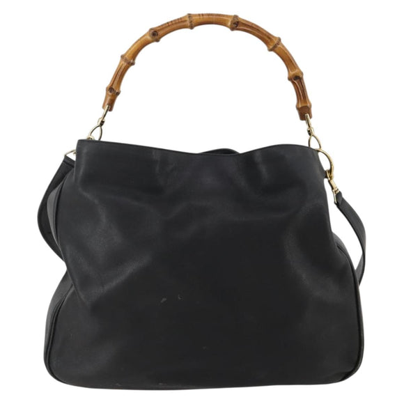 GUCCI Bamboo Hand Bag Leather 2way Black Gold Tone 001 0166 1577 Auth ep15347