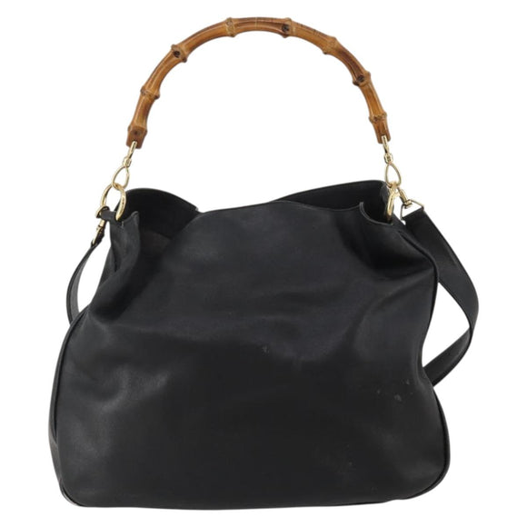 GUCCI Bamboo Hand Bag Leather 2way Black Gold Tone 001 0166 1577 Auth ep15347