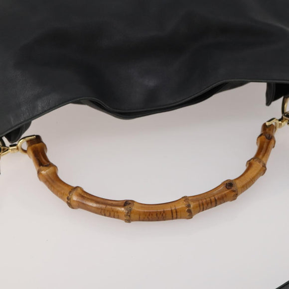 GUCCI Bamboo Hand Bag Leather 2way Black Gold Tone 001 0166 1577 Auth ep15347