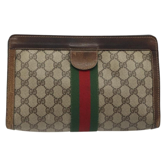 GUCCI GG Supreme Clutch Bag PVC Leather Beige Brown Auth ep15361