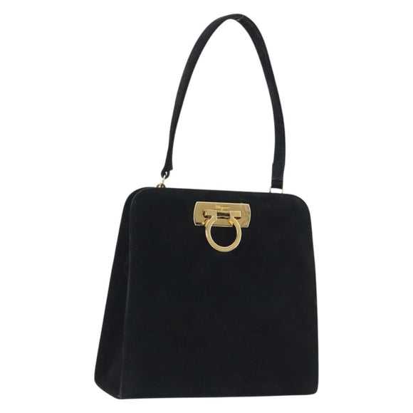Salvatore Ferragamo Gancini Hand Bag Suede Black Gold Tone Auth ep15363A