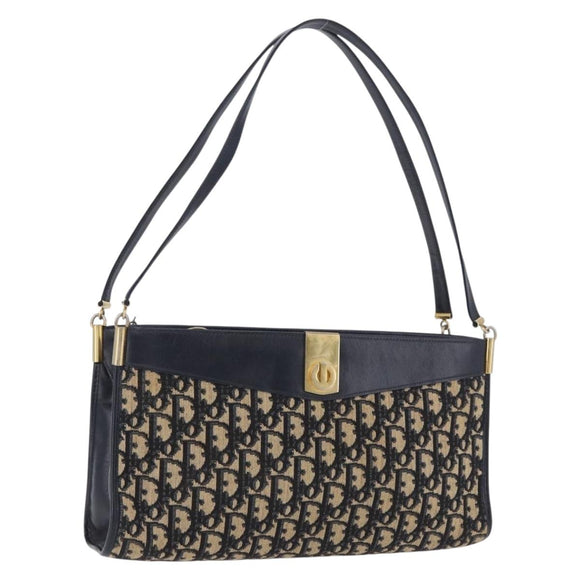 Christian Dior Trotter Canvas Shoulder Bag Navy Gold Tone Auth ep15368A