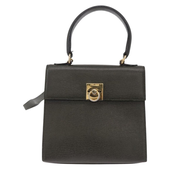 CELINE Hand Bag Leather 2way Khaki Gold Tone Auth ep15377