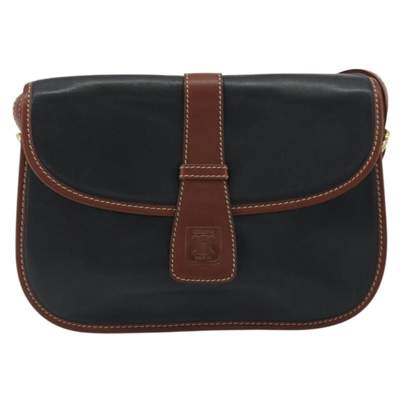 CELINE Shoulder Bag Leather Black Brown Auth ep15389