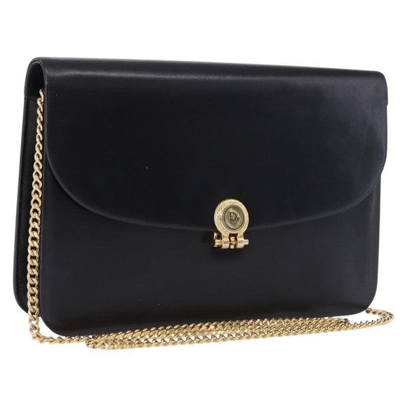 Christian Dior Chain Shoulder Bag Leather Black Gold Tone Auth ep15433