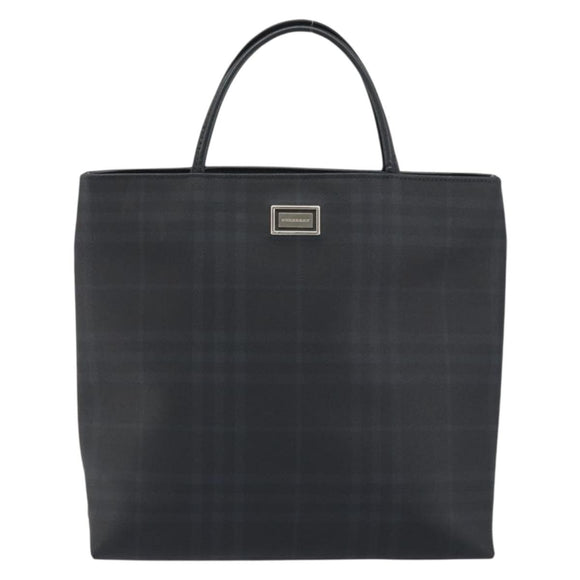 BURBERRY Nova Check Hand Bag PVC Leather Navy Silver Auth ep15470