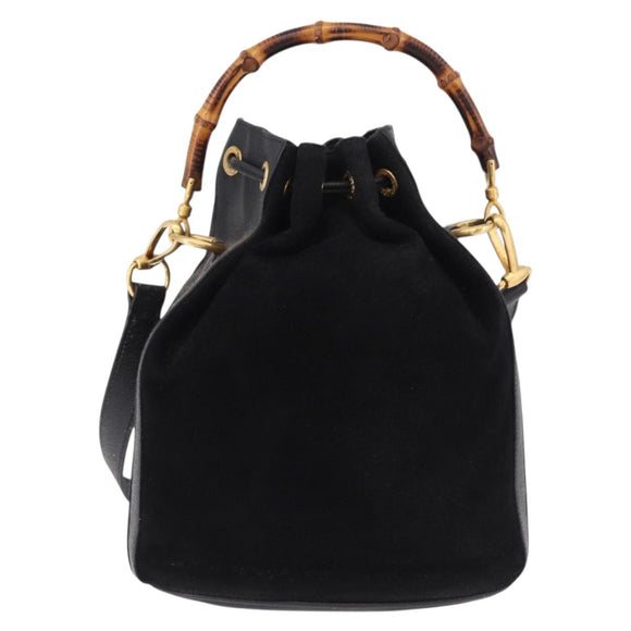 GUCCI Bamboo Purse Shoulder Bag Suede 2way Black Gold 001 2865 1657 Auth ep15527