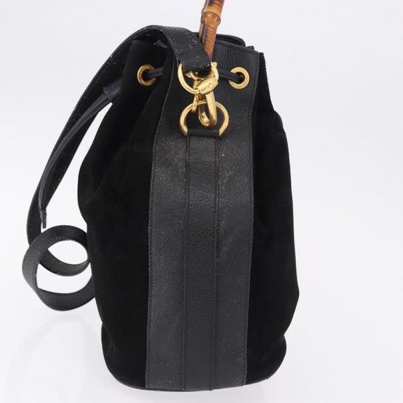 GUCCI Bamboo Purse Shoulder Bag Suede 2way Black Gold 001 2865 1657 Auth ep15527