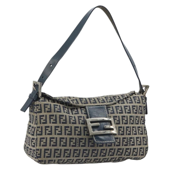 FENDI Zucchino Canvas Mamma Baguette Shoulder Bag Navy Silver Auth ep15548A