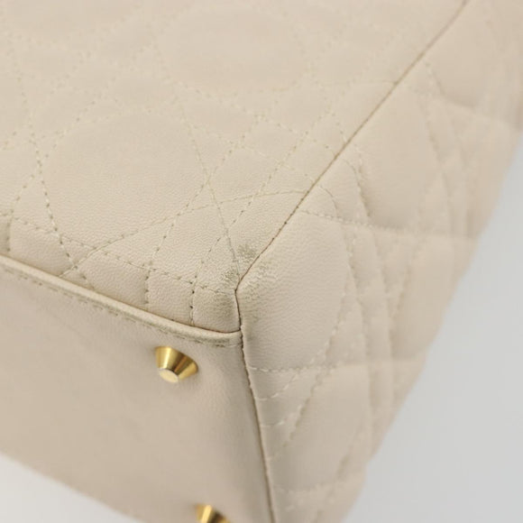 Christian Dior Lady Dior Canage Hand Bag Lamb Skin 2way White Gold Auth ep15557A