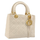 Christian Dior Lady Dior Canage Hand Bag Lamb Skin 2way White Gold Auth ep15557A-1