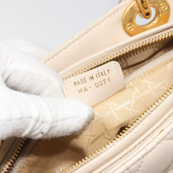 Christian Dior Lady Dior Canage Hand Bag Lamb Skin 2way White Gold Auth ep15557A