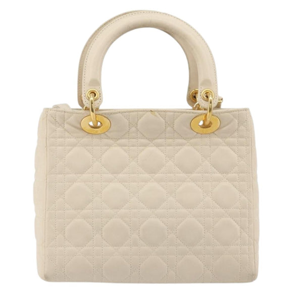 Christian Dior Lady Dior Canage Hand Bag Lamb Skin 2way White Gold Auth ep15557A