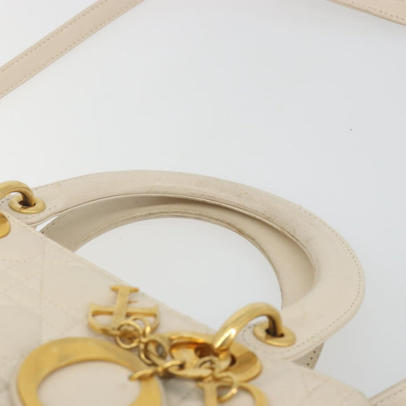 Christian Dior Lady Dior Canage Hand Bag Lamb Skin 2way White Gold Auth ep15557A