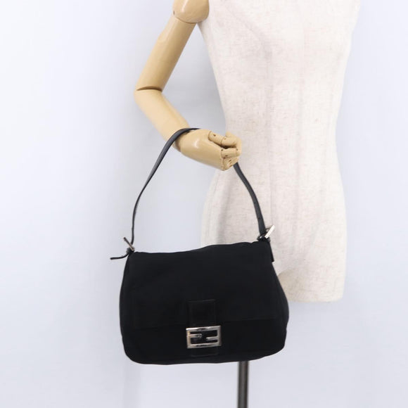 FENDI Mamma Baguette Shoulder Bag Cotton jersey Black Silver Auth ep15575