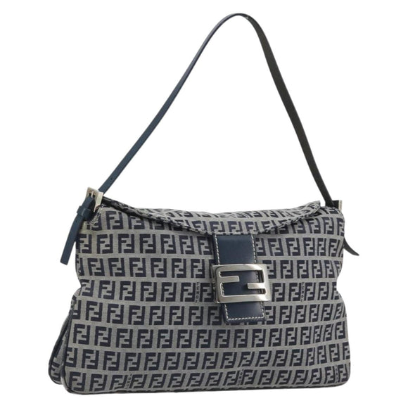FENDI Zucchino Canvas Mamma Baguette Shoulder Bag Navy Silver Auth ep15583