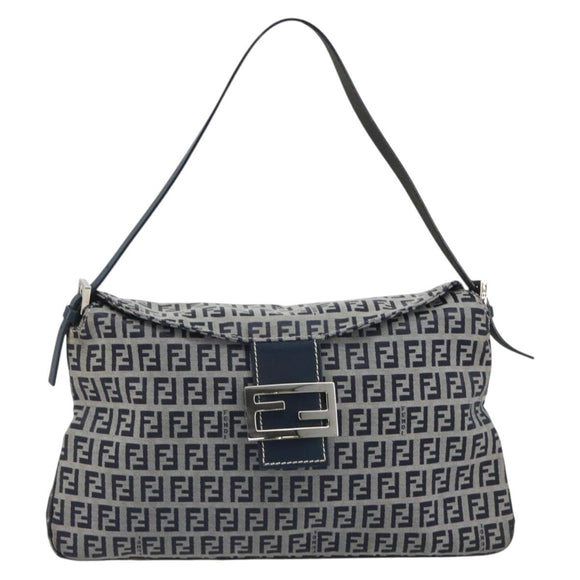 FENDI Zucchino Canvas Mamma Baguette Shoulder Bag Navy Silver Auth ep15583