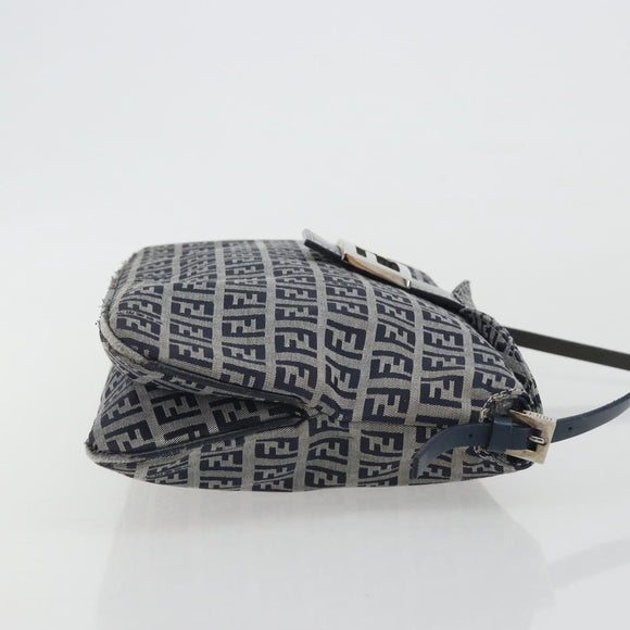 FENDI Zucchino Canvas Mamma Baguette Shoulder Bag Navy Silver Auth ep15583