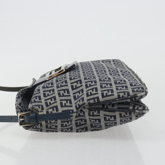 FENDI Zucchino Canvas Mamma Baguette Shoulder Bag Navy Silver Auth ep15583