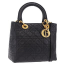 Christian Dior Lady Dior Canage Hand Bag Leather 2way Black Gold Auth ep15594V-1