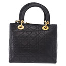Christian Dior Lady Dior Canage Hand Bag Leather 2way Black Gold Auth ep15594V-2