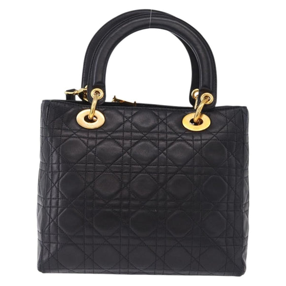 Christian Dior Lady Dior Canage Hand Bag Leather 2way Black Gold Auth ep15594V