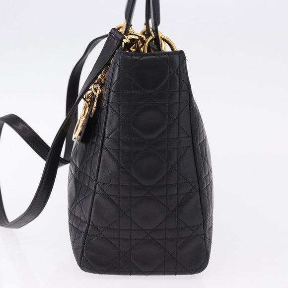 Christian Dior Lady Dior Canage Hand Bag Leather 2way Black Gold Auth ep15594V