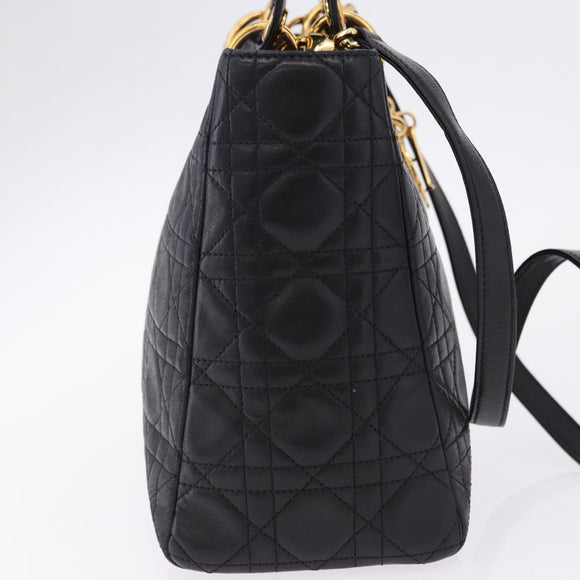 Christian Dior Lady Dior Canage Hand Bag Leather 2way Black Gold Auth ep15594V