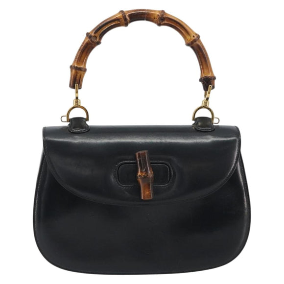 GUCCI Bamboo Hand Bag Leather Black Gold 000 2113 0633 Auth ep15601A