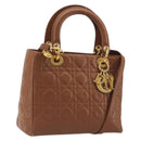 Christian Dior Lady Dior Canage Hand Bag Lamb Skin 2way Brown Gold Auth ep15615V-1