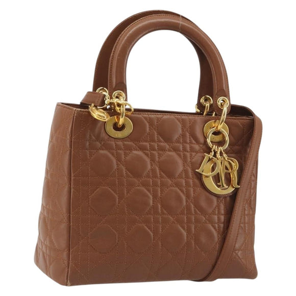 Christian Dior Lady Dior Canage Hand Bag Lamb Skin 2way Brown Gold Auth ep15615V