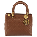 Christian Dior Lady Dior Canage Hand Bag Lamb Skin 2way Brown Gold Auth ep15615V-2
