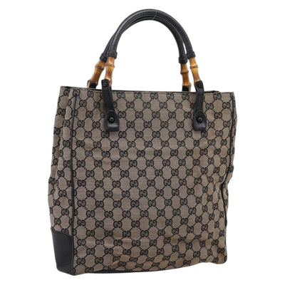 GUCCI GG Canvas Bamboo Hand Bag Beige Black 112530 Auth ep15670