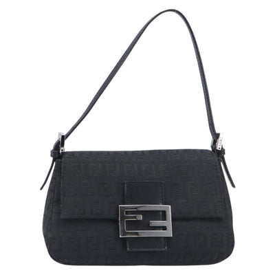 FENDI Zucchino Canvas Mamma Baguette Shoulder Bag Black 8BR180 Auth ep15673V - 0