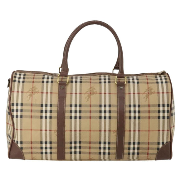 Burberrys Nova Check Boston Bag PVC Leather Beige Gold Tone Auth ep15687