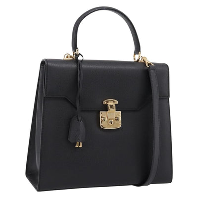 GUCCI Hand Bag Leather 2way Black Gold Tone Auth ep15699V