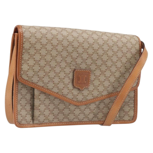 CELINE Macadam Shoulder Bag PVC Leather Beige Gold Tone Auth ep15726