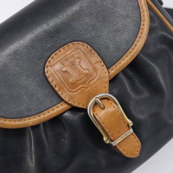 CELINE Shoulder Bag Leather Black Gold Tone Auth ep15799