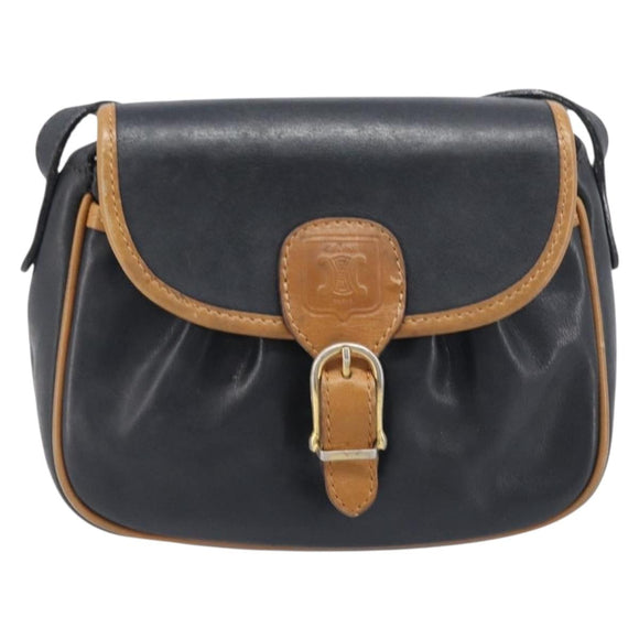 CELINE Shoulder Bag Leather Black Gold Tone Auth ep15799