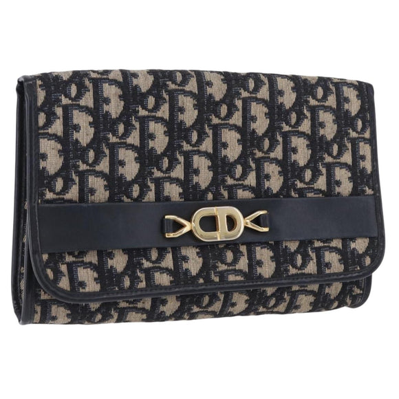 Christian Dior Trotter Canvas Clutch Bag Navy Gold Tone Auth ep15807