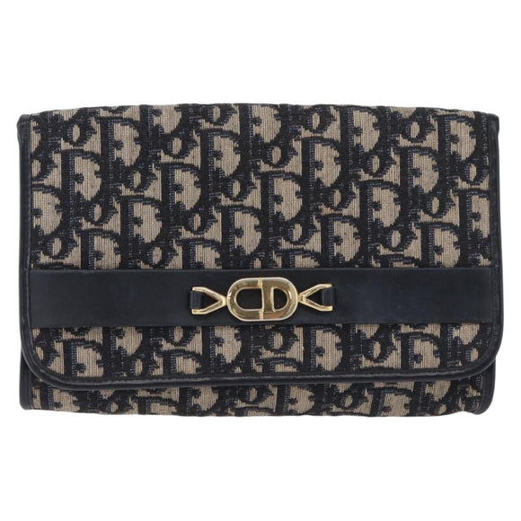 Christian Dior Trotter Canvas Clutch Bag Navy Gold Tone Auth ep15807