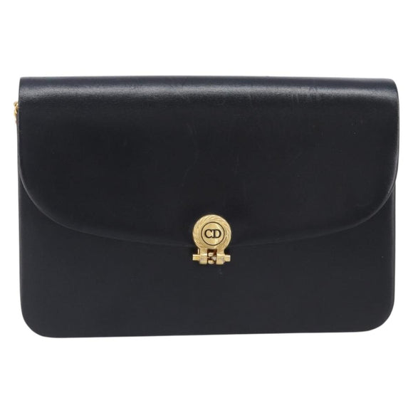 Christian Dior Chain Shoulder Bag Leather Black Gold Auth ep15864