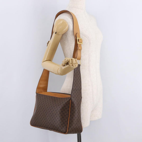 CELINE Macadam Canvas Shoulder Bag PVC Leather Brown Gold Auth ep15915