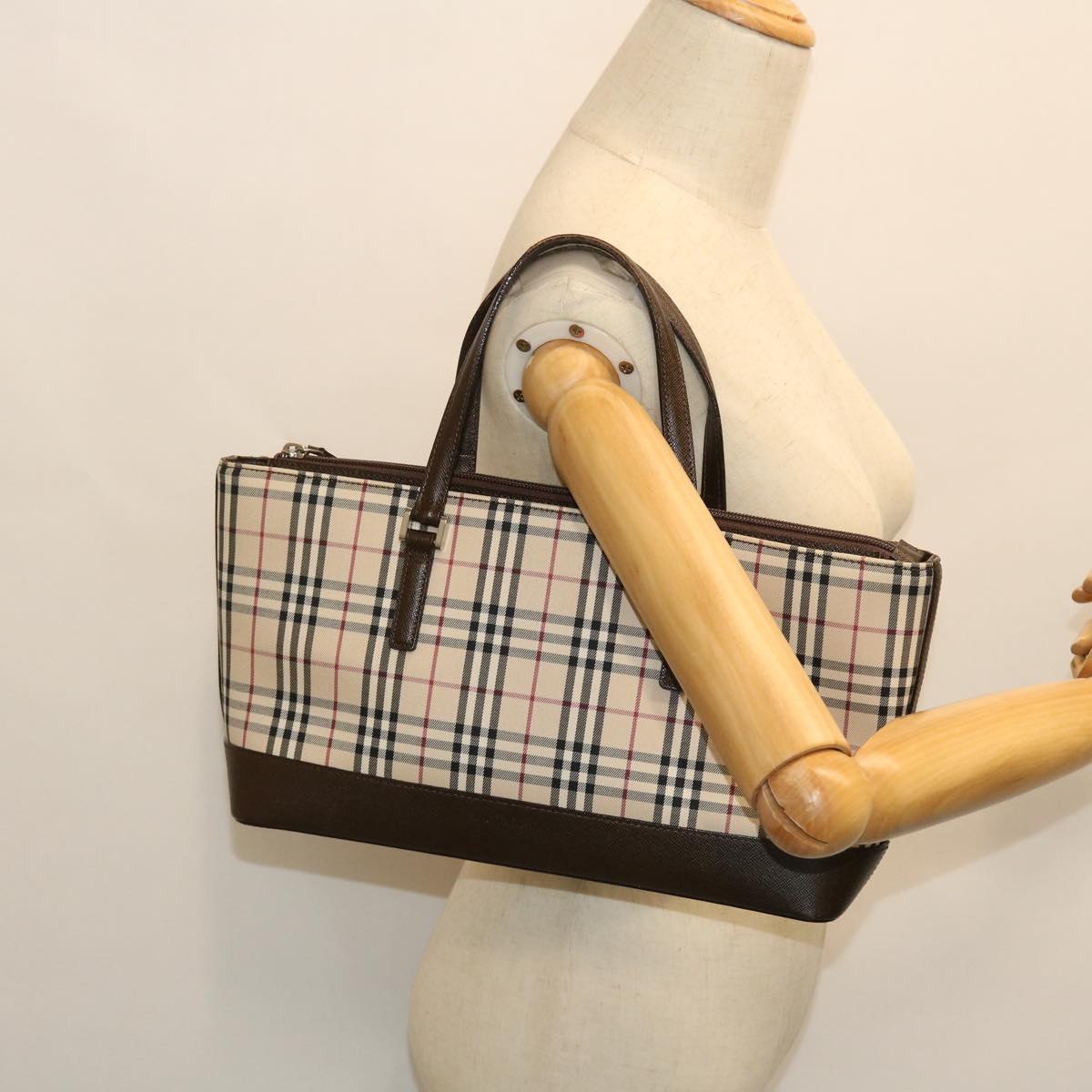 BURBERRY Nova Check Hand Bag Nylon Leather Beige Auth ep1592