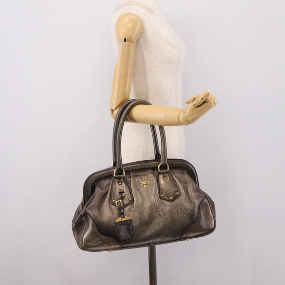 PRADA Hand Bag Leather Khaki Gold Auth ep15951