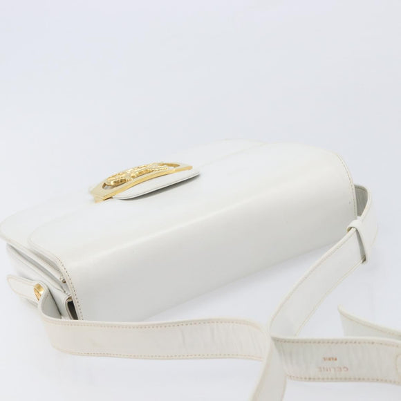 CELINE Shoulder Bag Leather White Gold Auth ep15998