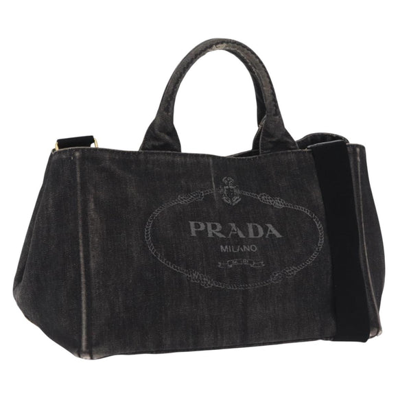 PRADA Canapa MM Hand Bag Canvas 2way Black Gold Auth ep16090