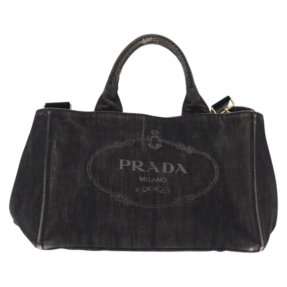 PRADA Canapa MM Hand Bag Canvas 2way Black Gold Auth ep16090