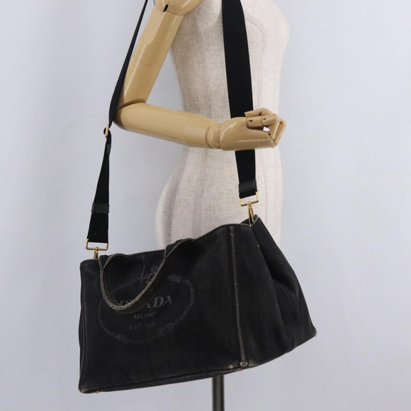 PRADA Canapa MM Hand Bag Canvas 2way Black Gold Auth ep16090